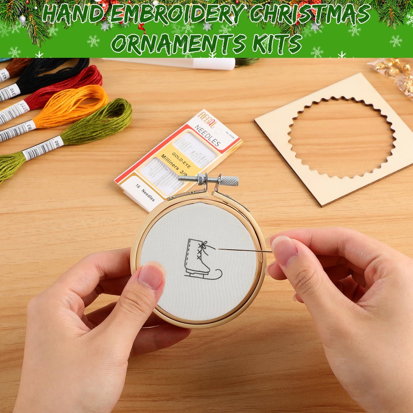 Zsdios Christmas Embroidery Kit,Embroidery Christmas Ornament Kits, Complete Needlepoint Starter Set, Hand Embroidery Ornament Kit for Beginners with Easy & Instructions (14 Pcs Red Set)