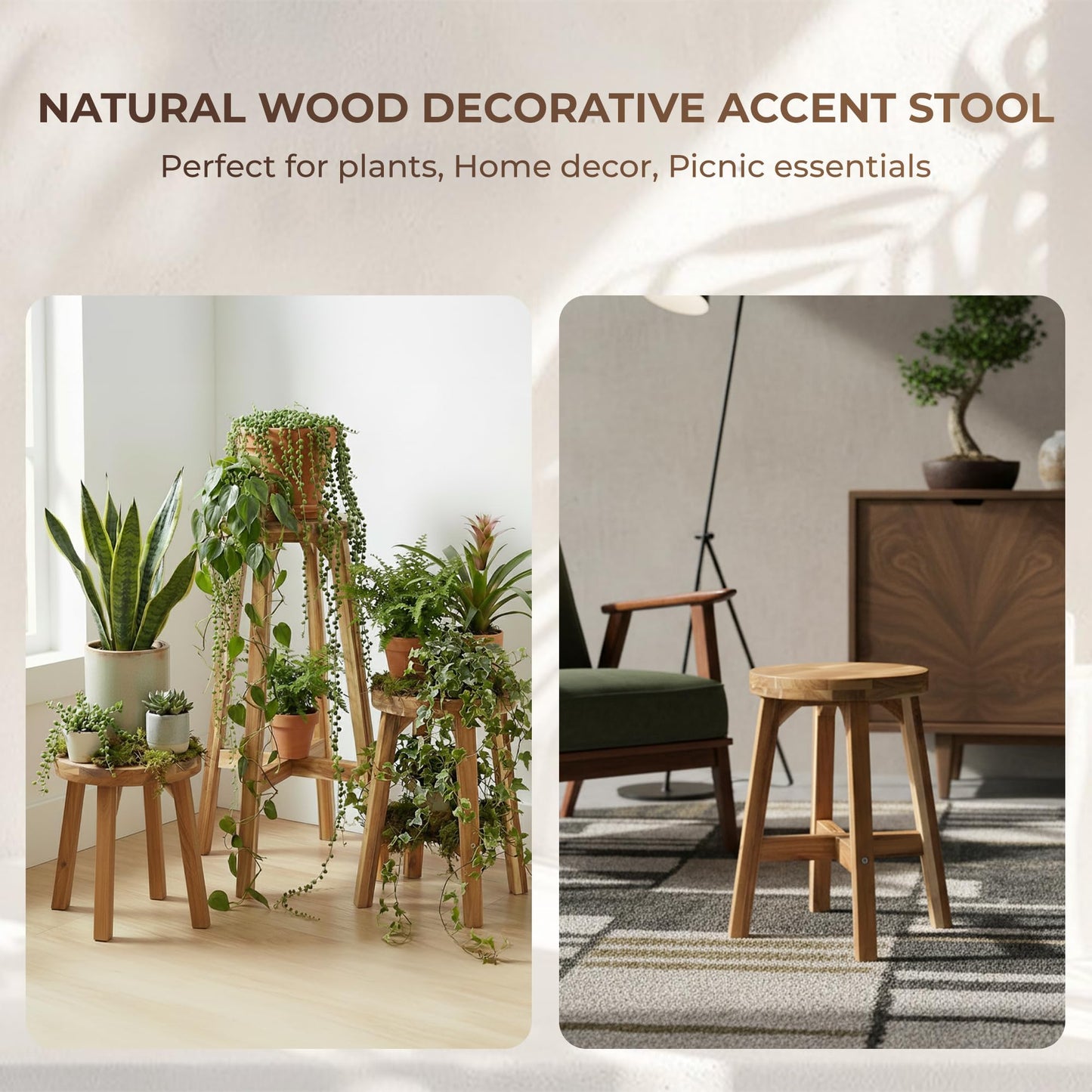 ARROWSTONE Round Stool Acacia Wood, 18" Height, 11'' Round Top, Backless, Easy Assembly, Natural Wax Finish, Wooden Stool for Plant, Dining Room, Kitchen Counter, Makeup