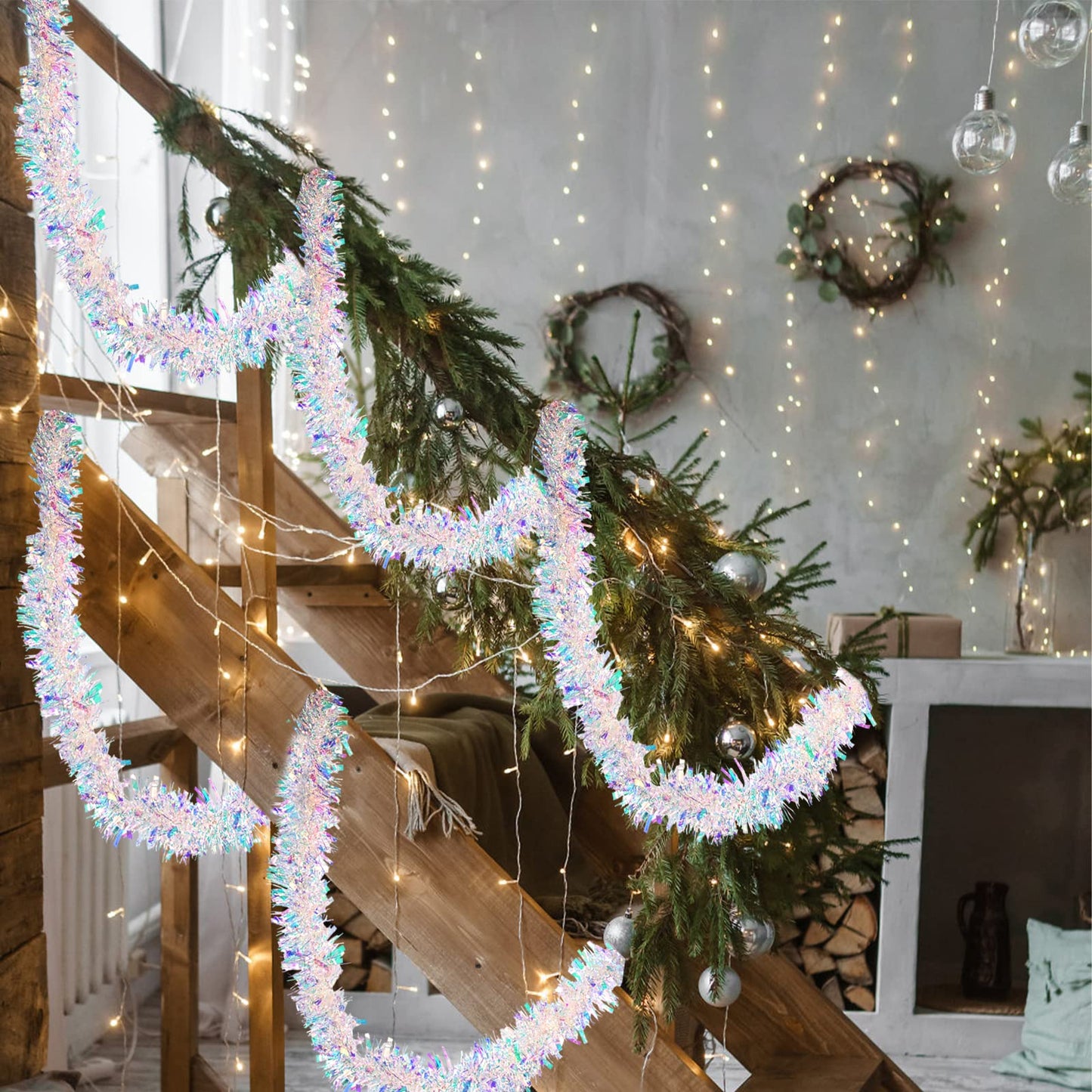 20ft/6m Christmas Tinsel Garland Iridescent Metallic Hanging Garland for Christmas Tree Fireplace Mantle Home Decoration