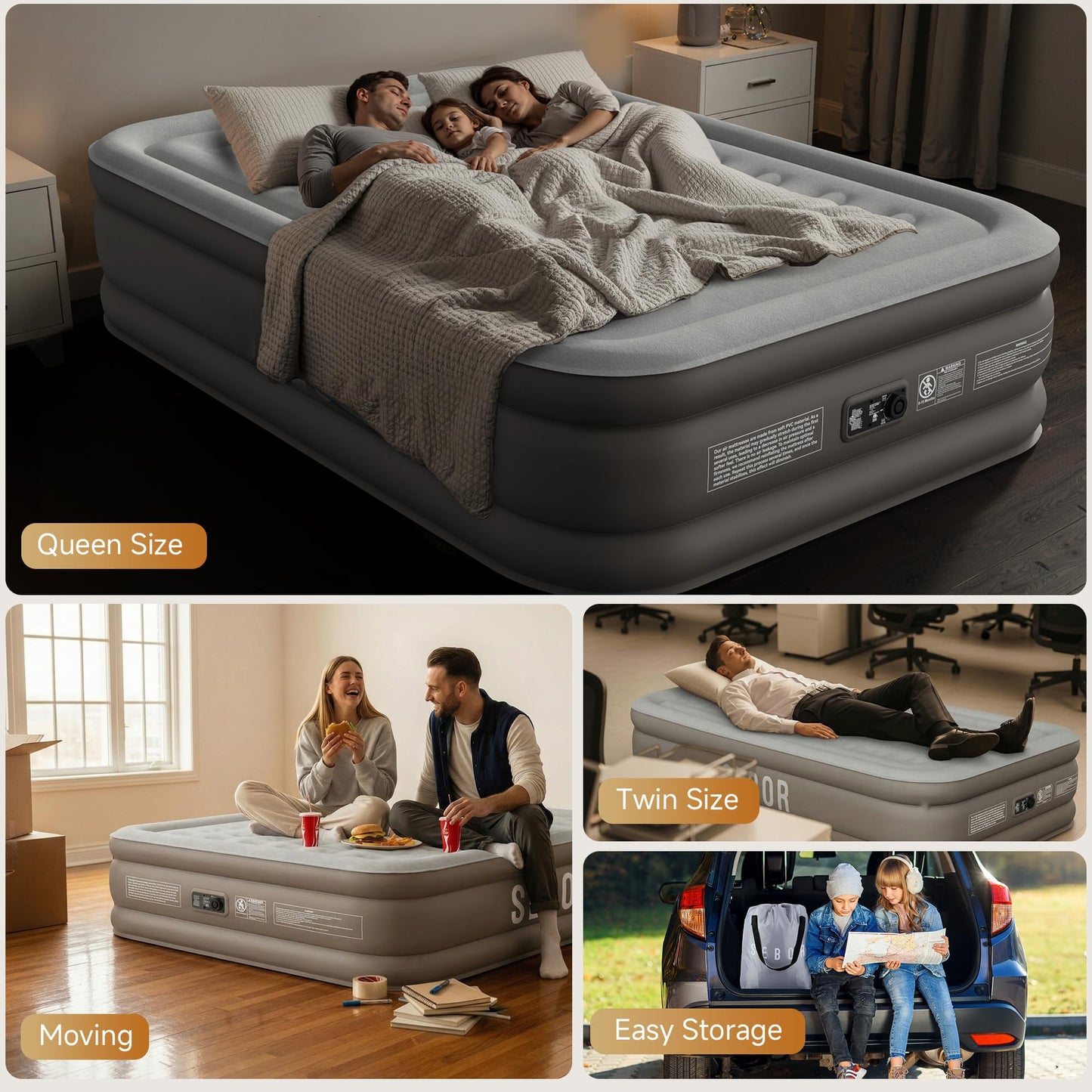 Sebor Air Mattress Queen with Built-in Pump 18", Comfortable Self-Inflating Blow up Mattress with High-Speed Pump, Durable Queen Size Air Mattress with Storage Bag for Guests, Moving, Camping, Travel