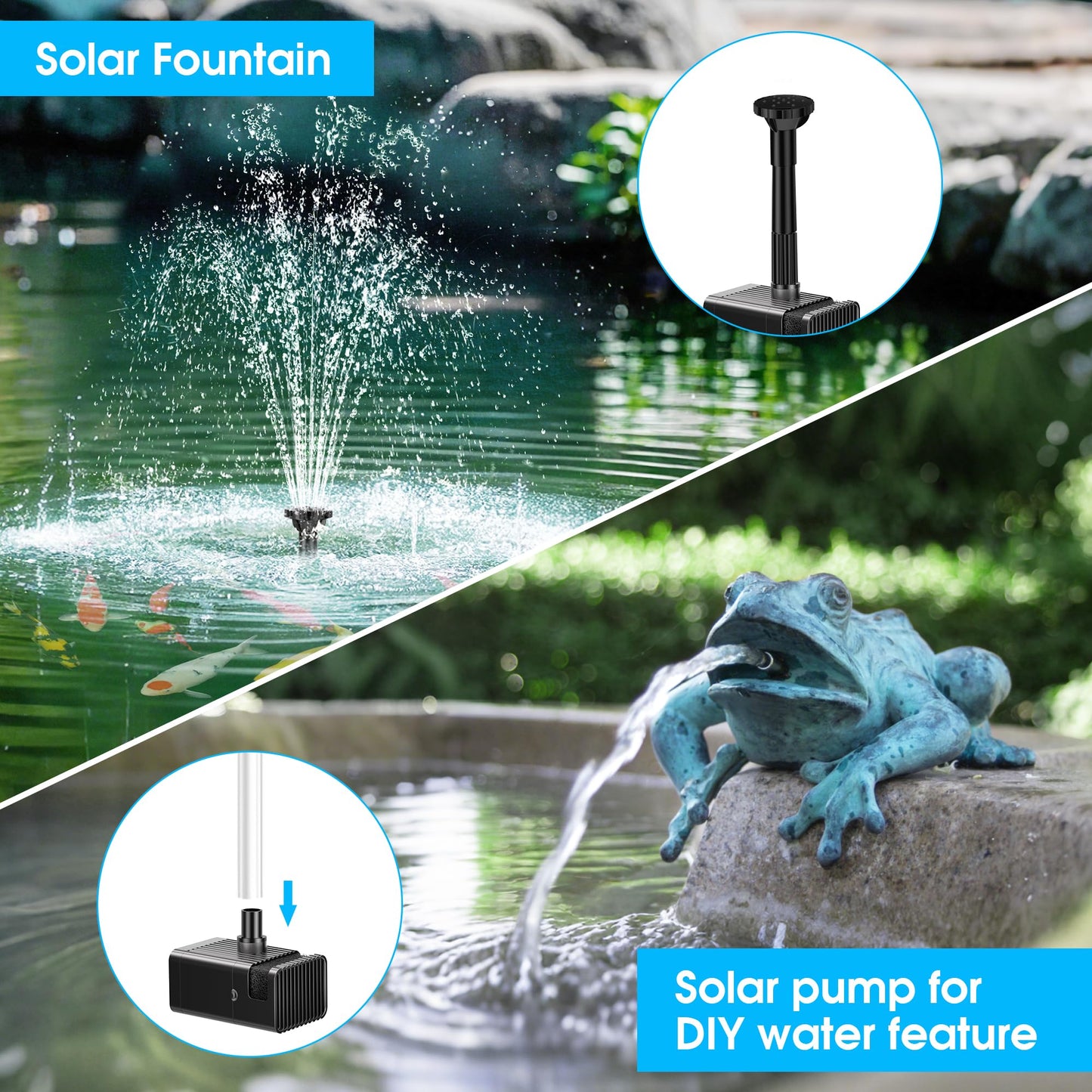 Biling 8W Solar Fountain Pump, Solar Water Pump with 3600mAh Battery Backup Work All Day, 5ft Tubing 5 Nozzles, Solar Fountain for Bird Bath, Garden Pond, Fish Tank and Hydroponics