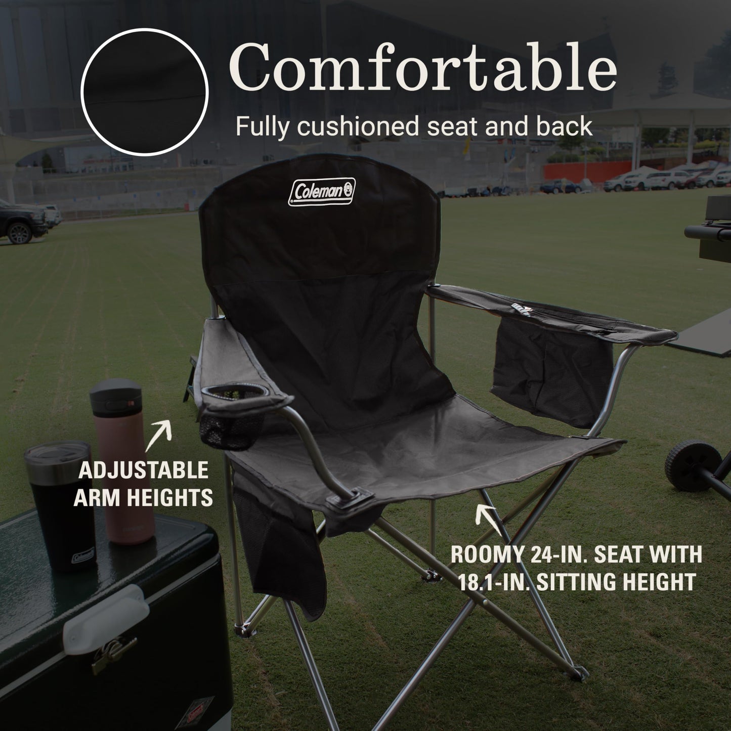 Coleman Portable Camping Chair with 4-Can Cooler, Cushioned Seat & Back with Side Pockets & Cup Holder, Carry Bag Included, Great for Camping, Tailgating, Firepits, Patio, & More