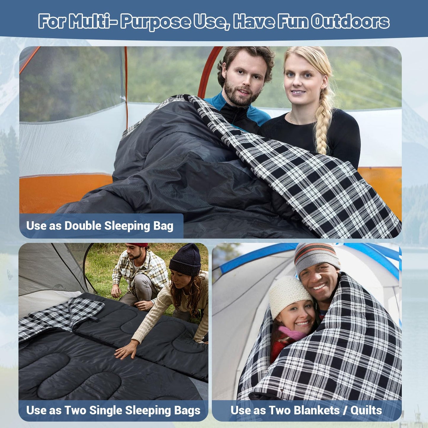 WKFAMOUT Cotton Flannel Double Sleeping Bag for Adults Machine Washable 2 Person Camping Sleeping Bag Queen Size Waterproof with Compression Sack for Cold Weather 3-4 Seasons