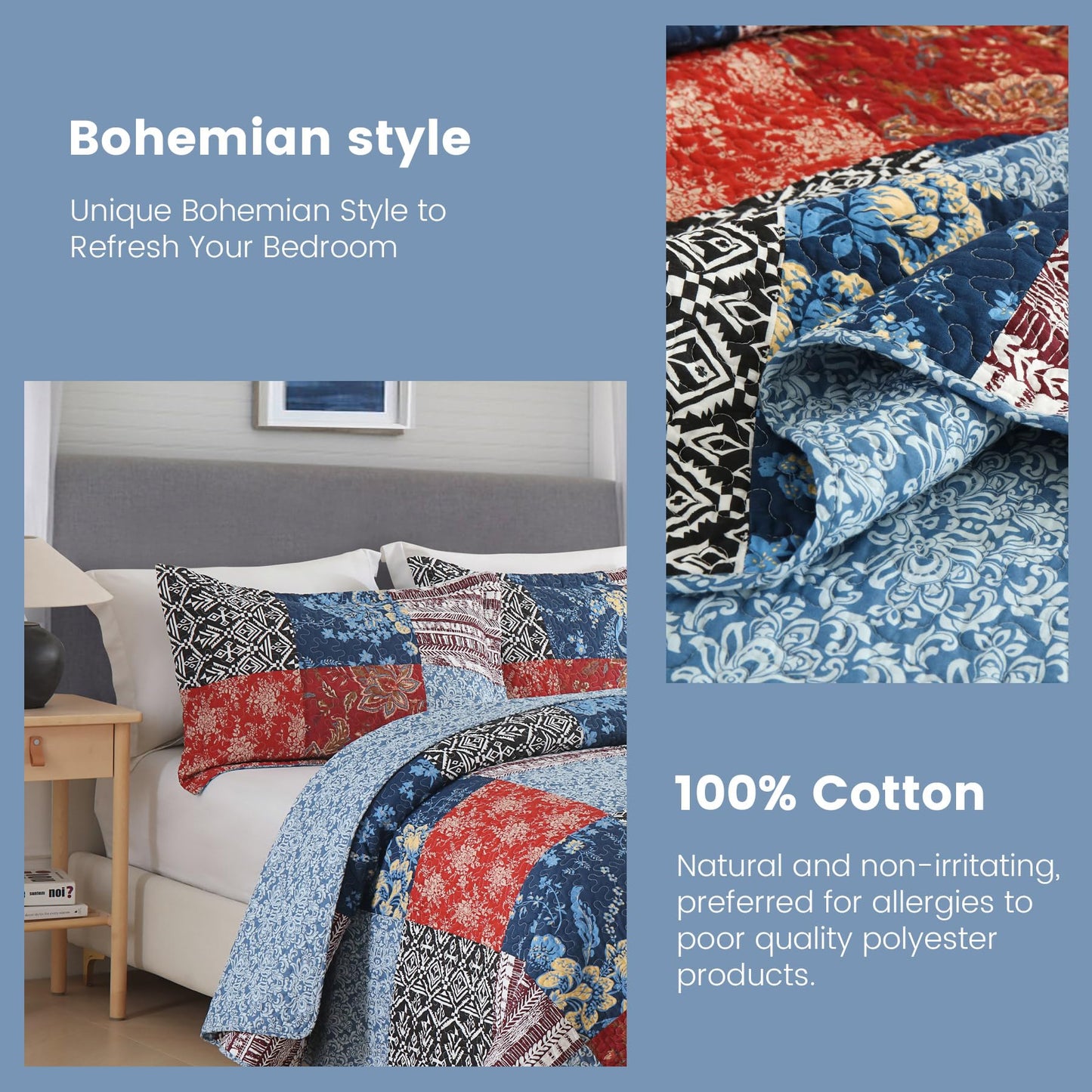 Secgo California King Comforter Set for Bed - 100% Cotton Quilts Cal King Size, Black Bedspreads (120 * 110 Inch) with 2 Pillow Shams, Patchwork Reversible Lightweight Bedding