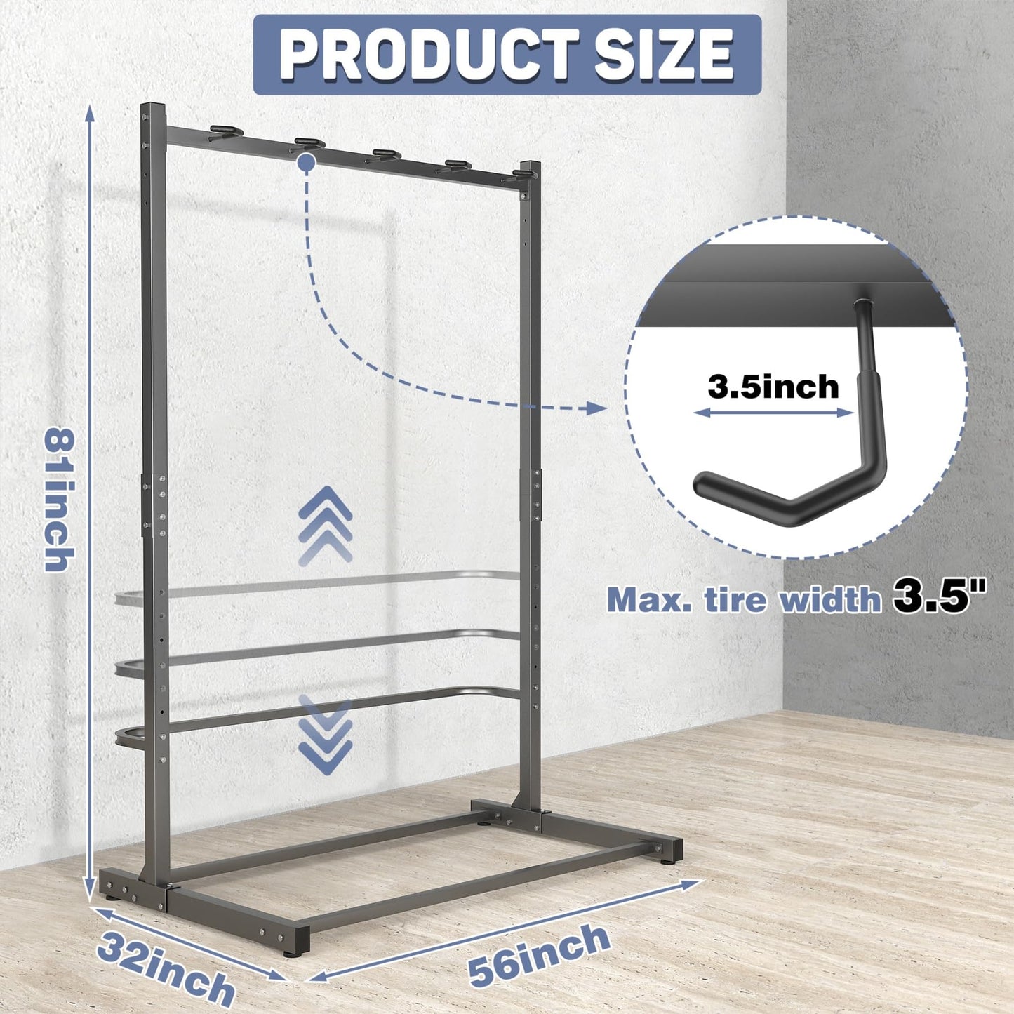 WALMANN Freestanding Bike Stand for Garage, 5 Bikes Vertical Bike Storage Stand Heavy Duty Bike Floor Stand, Holds Up to 70 lbs/Hook