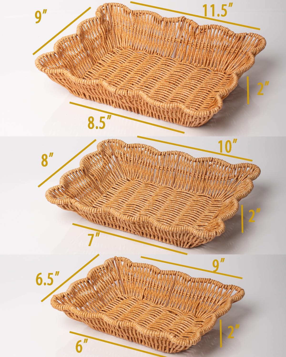 Woven Scalloped Storage Baskets Set of 3, Wicker Poly Rattan Serving Trays for Bread Fruits Vegetables, Kitchen Table Restaurant Decor Organizer (Large 11.5x9x2, Medium 10x8x2, Small 9x6.5x2)