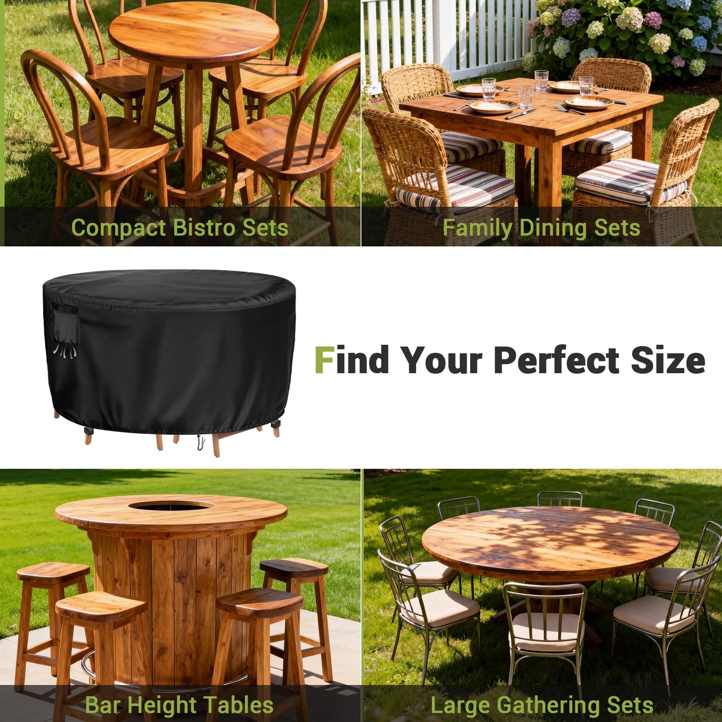 Vercome Heavy Duty Round Patio Dining Table Cover, 60 Inch Waterproof Outdoor Furniture Cover for Large Round Table and Chair Sets (Black, 60"DIAx36"H)
