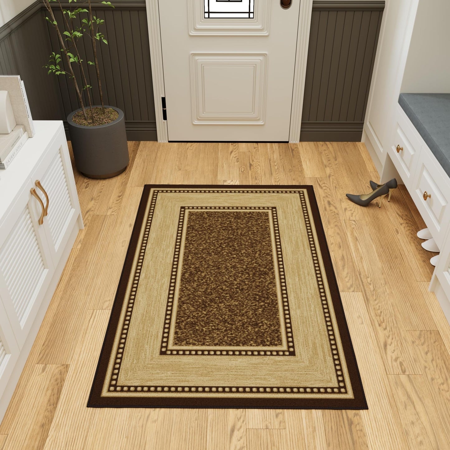 Ottomanson Area Rug 3'3" x 5' – Non Slip Rubber Backed Indoor Rug, Low Pile Accent Rug for Living Room, Bedroom, Entryway, Kitchen, Durable Floor Carpet, Border Dark Brown
