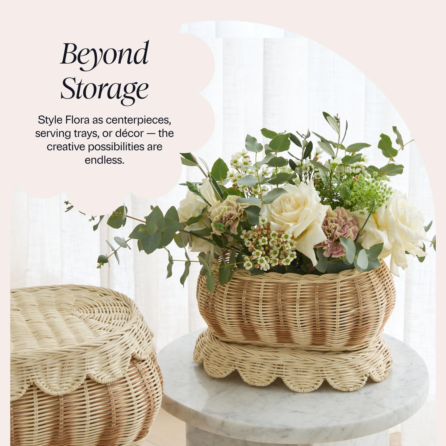 BEBE BASK The Original Scalloped Basket with Lid – Set of 2 (15 x 11 x 6 in) – Hand-Woven Rattan Scalloped Wicker Basket with Lid, Storage Baskets with Lids for Organizing (Stripey)