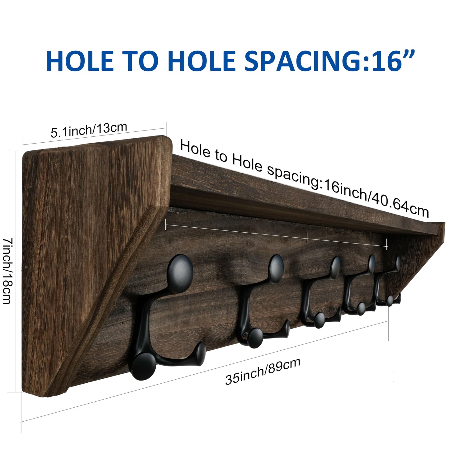 WEBI Wall Shelf with Hooks Underneath,35" Long Wall Mounted Coat Rack with Shelf,Entryway Coat Rack with 5 Triple Hooks for Hanging Coats,Jacket,Hallway,Bedroom,Mudroom,Weathered Brown
