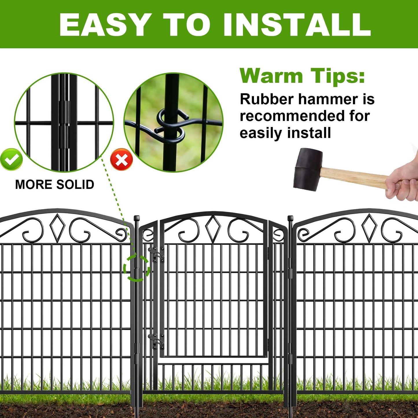 10 Panels No Dig Decorative Garden Fence with Gate, GATKITOM 31.3in(H) x 21.7ft(L) Rustproof Animal Barrier Metal Dog Fence Outdoor for Yard, Patio, Temporary Garden Fencing with Ground Stakes