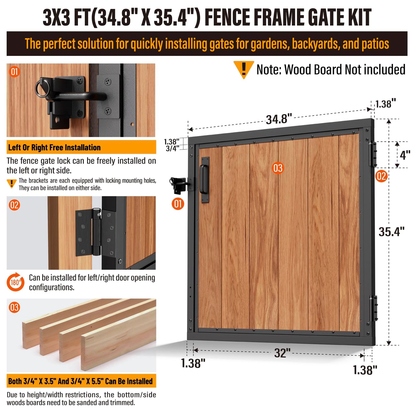 WOWACE 3x3FT Fence Gate Frame Kit 201 Stainless Steel Heavy Duty Garden Gates Anti-Sag Backyard Front Gate Reinforcement Hardware, Left/Right Mount (No Wood Planks Included)