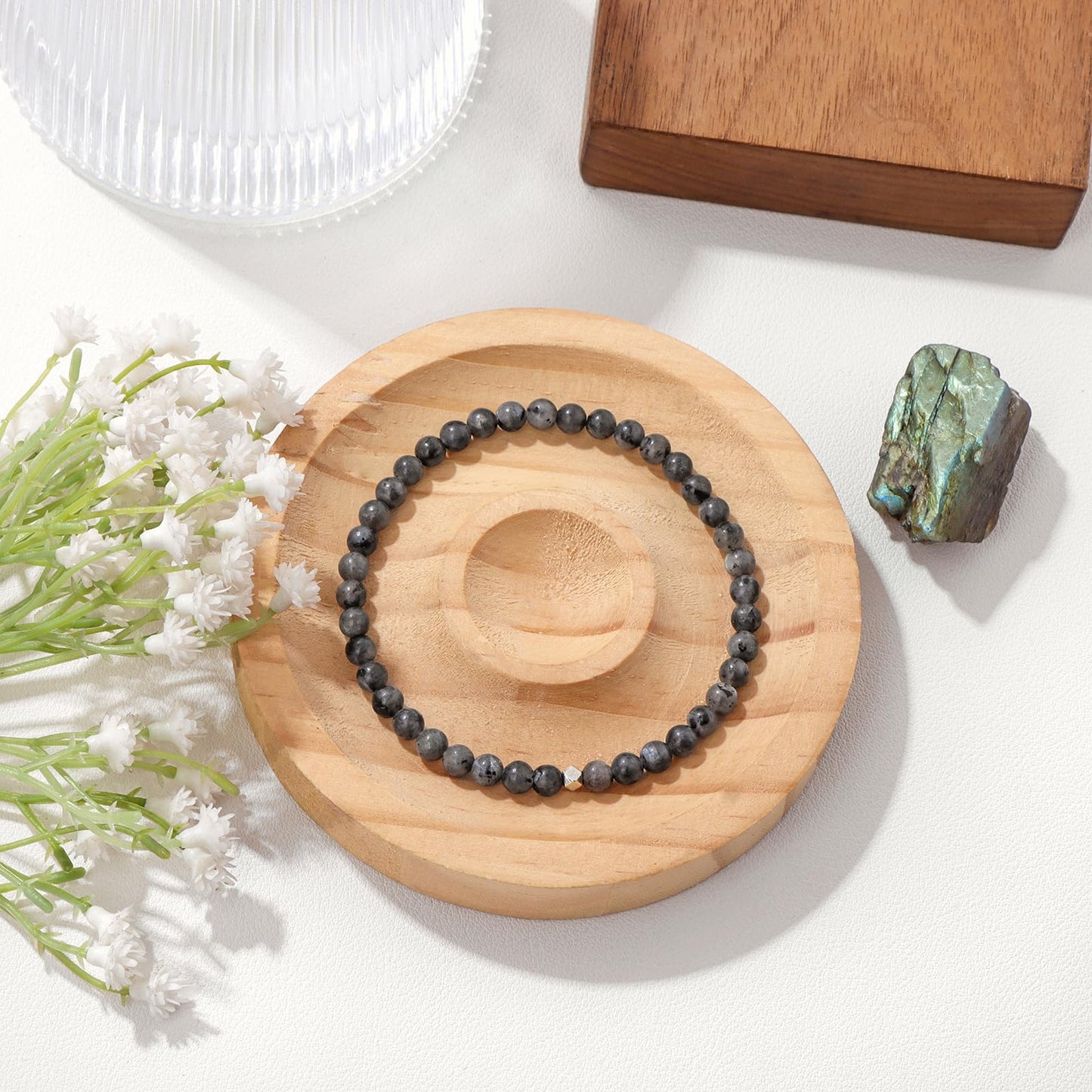 Raicegs 4MM Labradorite Beaded Bracelets Healing Crystal Bracelet for Women Men Natural Stone Handmade Stretch Bracelet Reiki Spiritual Jewelry