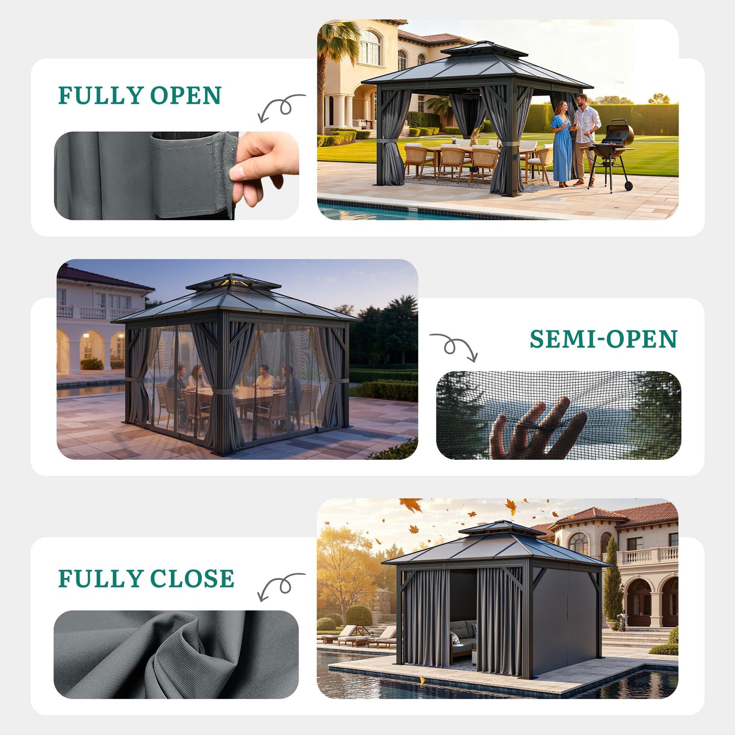 YITAHOME 10x10FT Gazebo Polycarbonate Hardtop Double Roof Canopy Outdoor with Netting and Shaded Curtains, Metal Frame Garden Tent for Patio, Backyard, Deck and Lawns, Grey
