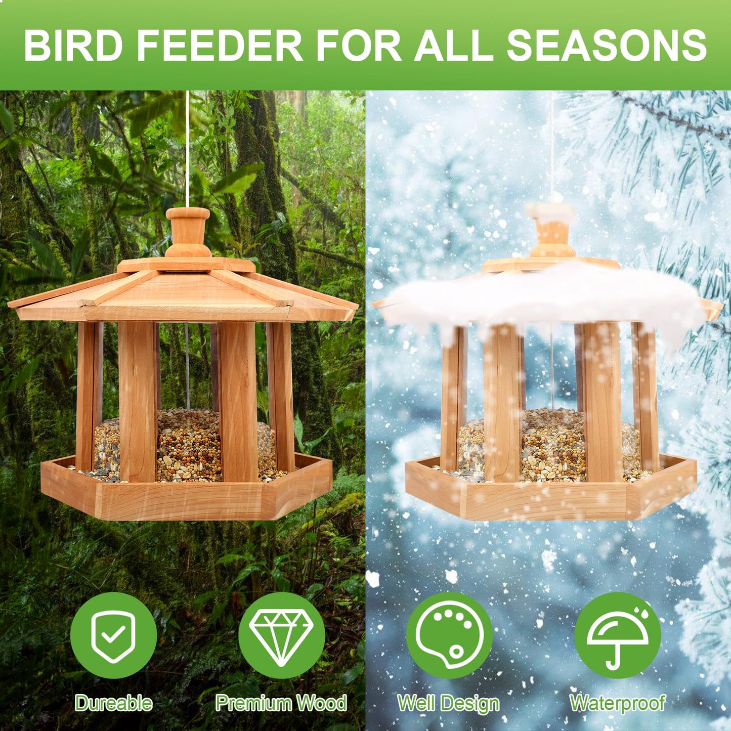 Liawm Wooden Bird Feeder for Outdoors Hanging, Red Cedar Hexagon Shaped Large Capacity, Cardinal Birdfeeder for Garden Decoration Yard, Weatherproof and Durable(Large)
