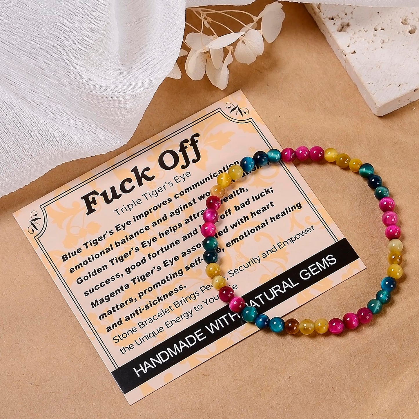 MASSIVE BEADS Triple Tiger's Eye - Fuck Off Handmade Handmade Yoga Stretch Elastic Bracelet Natural Stone Crystal Healing Power Energy Gifts for Unisex Adult 4mm