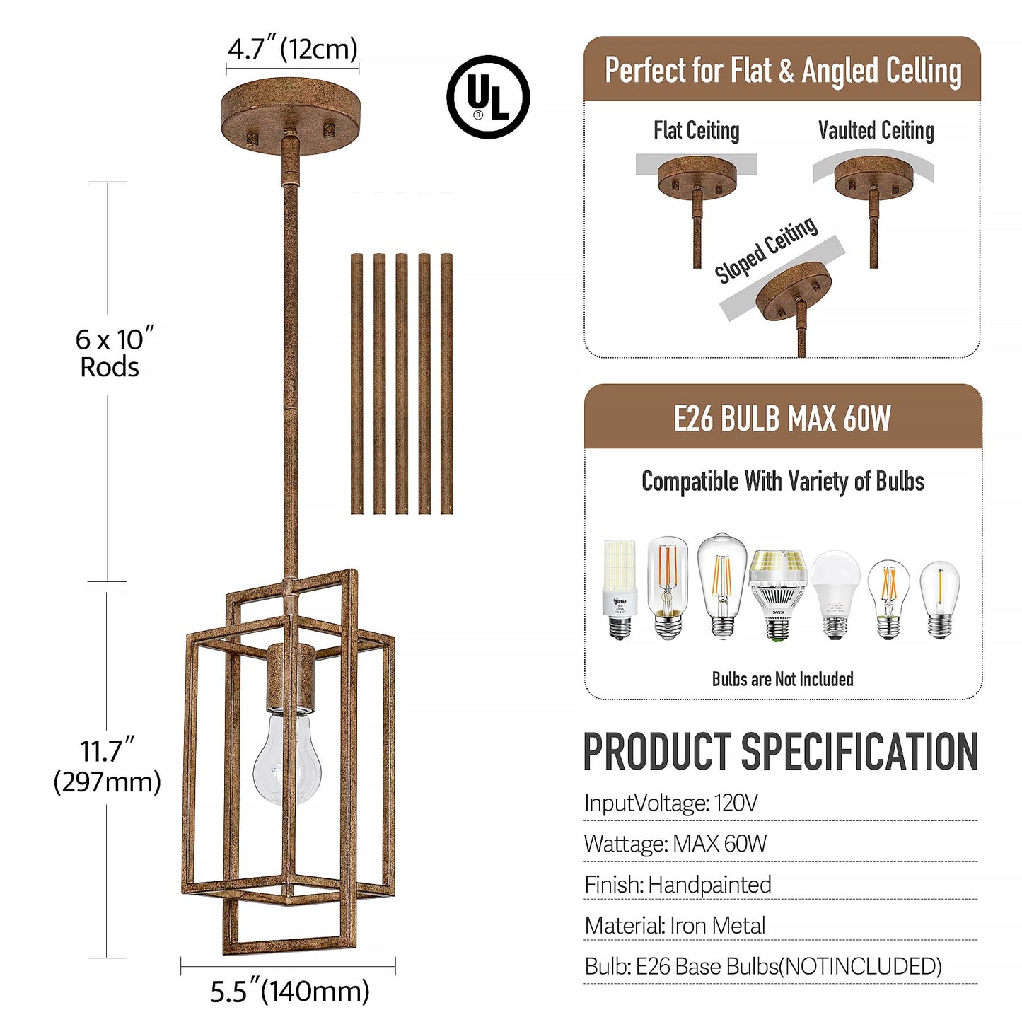 Wrlmfy Antique Brown Pendant Lighting Fixture with Geometric Metal Cage, 1-Light Retro Inspired Farmhouse Mini Hanging Lamp with Height Adjustable Rods for Kitchen Island, Cafe Bar, Dining Room