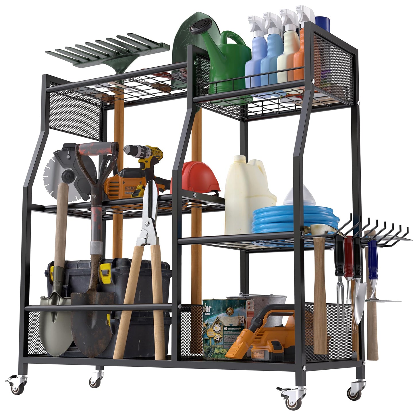 HOTEAGLE Garden Tool Organizer for Garage with 35.4” Width(High Stability), Outdoor Metal Utility Rolling Carts with Mute Wheels & 18.5mm Thick Rods, Easy to Clean, Black