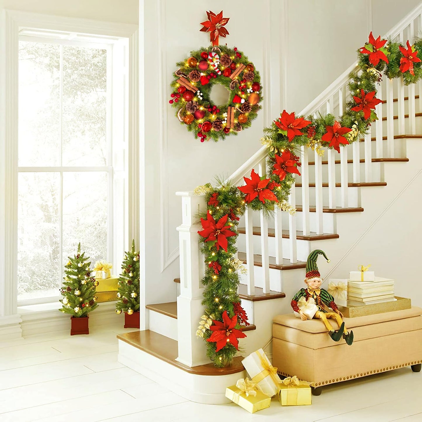 Quntis 16 Inch Christmas Wreath with 40 Lights 8 Modes, Lovely Christmas Door Wreath Decorations Artificial Xmas Wreath with PineCones Dried Lemon Pieces, Winter Wreaths Outdoor Porch Fireplace Window