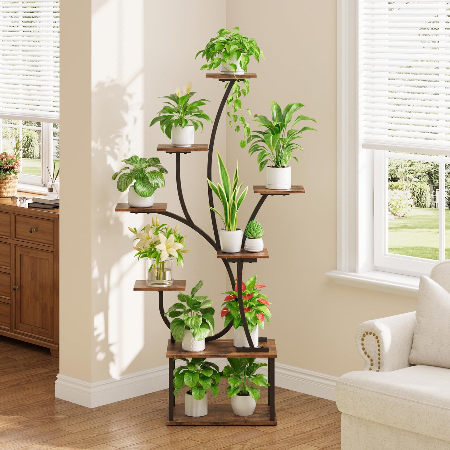 Plant Stand Indoor with Grow Lights - Lighted Plant Shelf Indoor, 63" Tall Plant Stands for Indoor Growing, 8 Tier Corner Flower Display Shelf, Large Tree-Shaped Holder for Living Room Bedroom Black