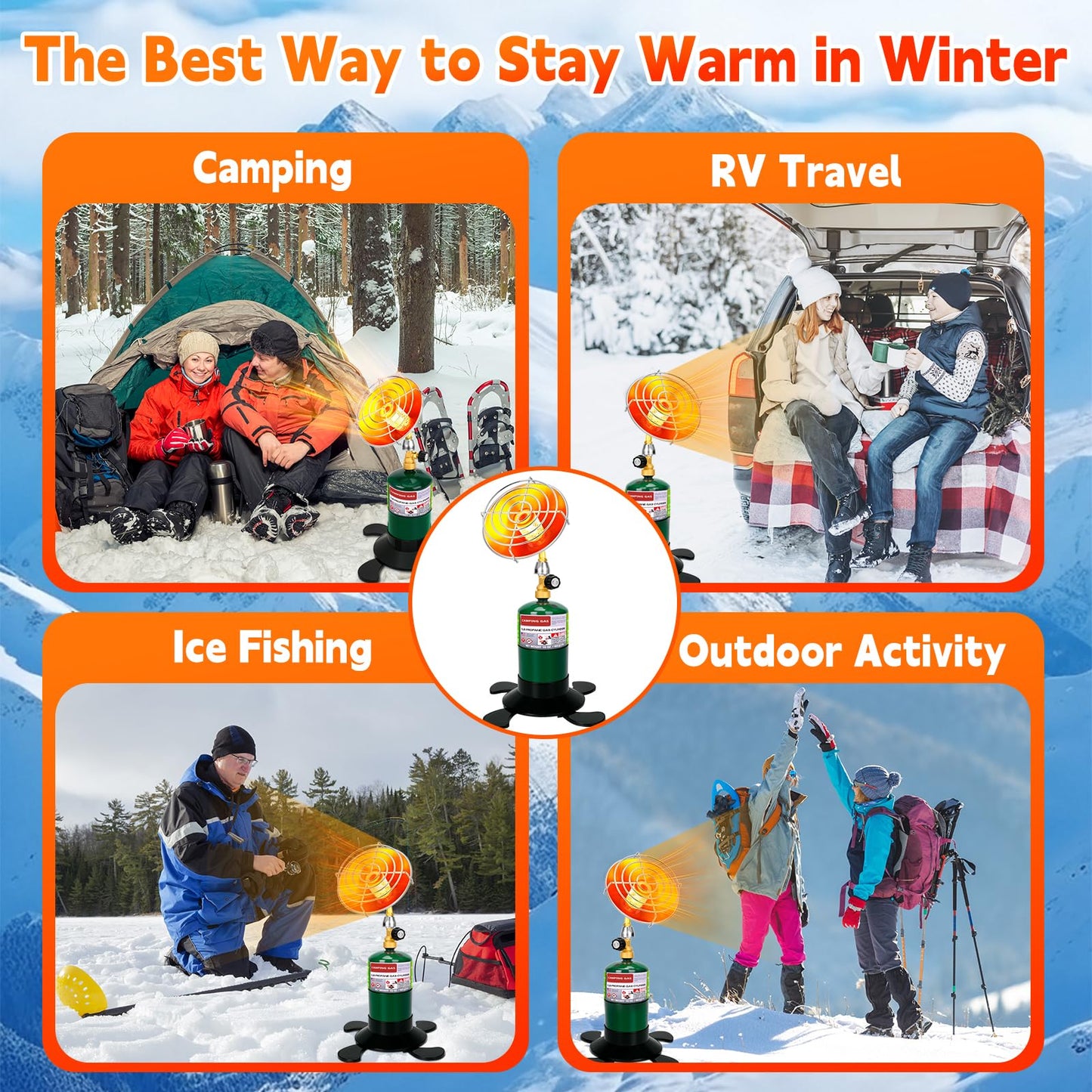 Portable Propane Heater for Camping, Outdoor Small Space Patio Heater with Control Valve, Radiant Cordless Tent Heaters with Foldable Gas Tank Holder for Hiking Ice Fishing Hunting Backyard