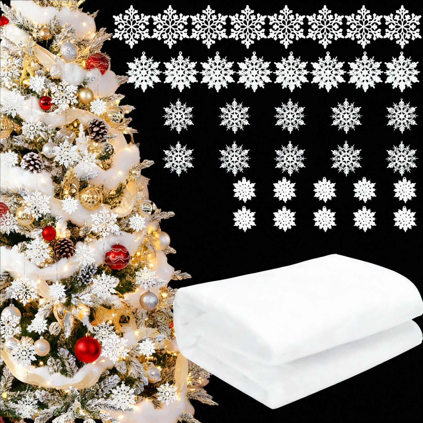 HunnmingRe 37 Pcs Christmas Tree Ornaments Set, 93 x 35 Inches Snow Blanket Roll and 36 Pcs White Glitter Plastic Snowflake Ornaments for Winter Tree Garland Village Decor