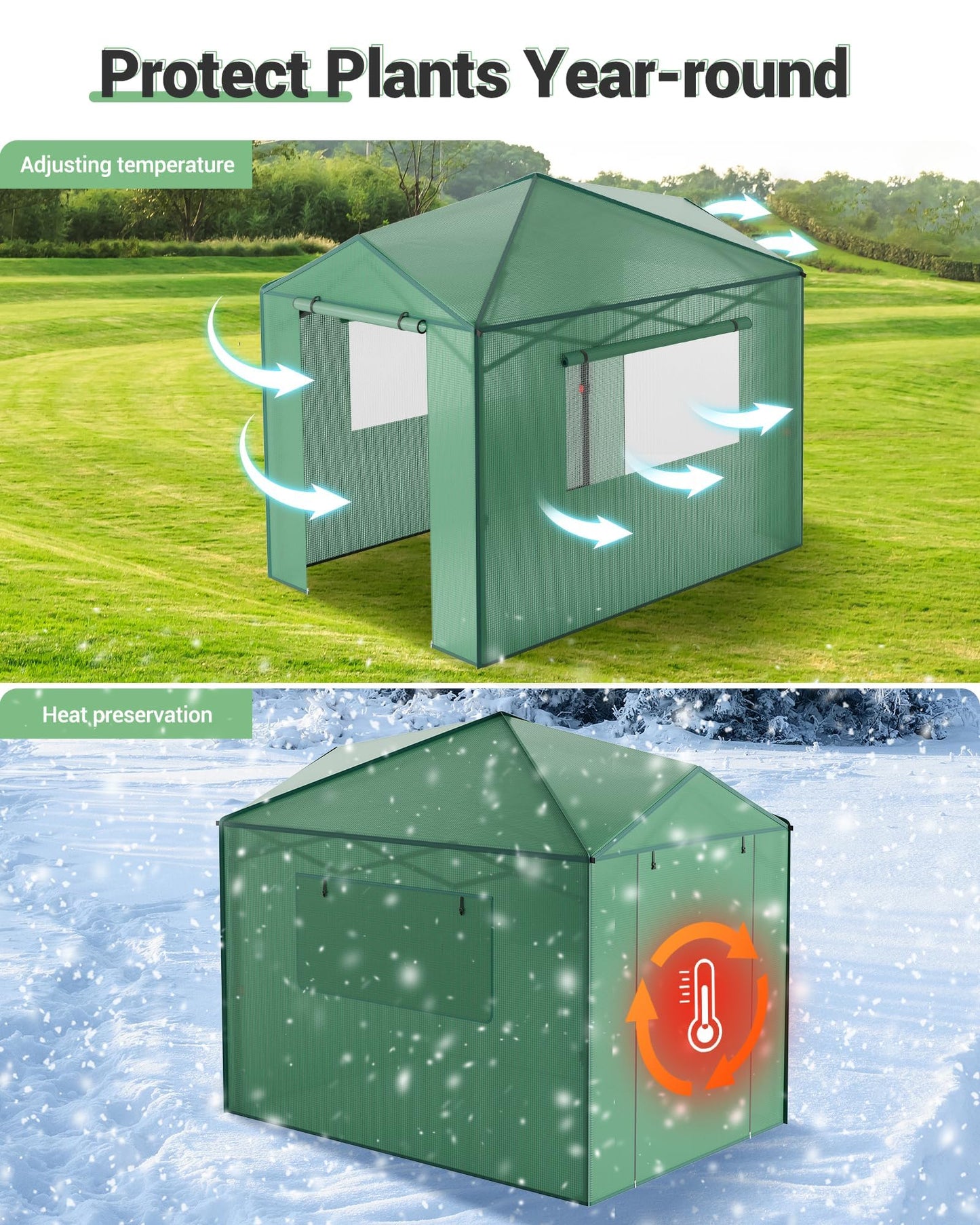 8x12 FT Pop-Up Greenhouse with Durable PE Cover, 96"x144" Large Grow Tent for All Seasons | Features Zippered Doors & Mesh Windows for Indoor/Outdoor Plants, Easy to Assemble (Green)