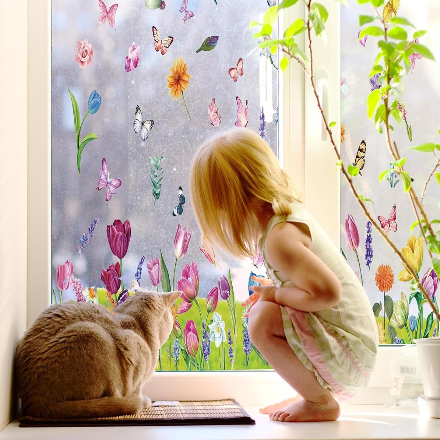 63PCS Spring Window Clings, 10 Sheets Reusable Window Stickers for Glass with Hummingbirds Butterflies Tulip Flowers,Spring Summer Window Decor