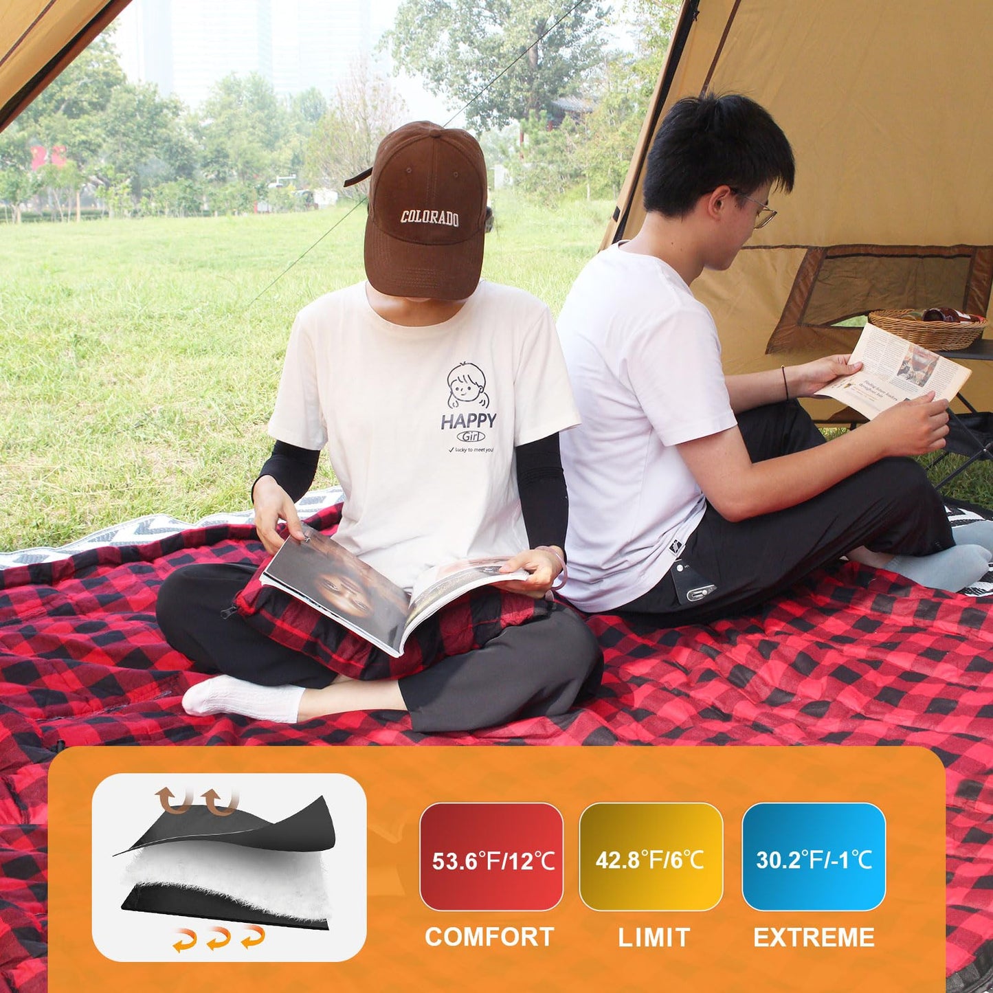 POEPORE Double Sleeping Bag Flannel for Adults with 2 Pillows 2 Person Sleeping Bags Camping XXL Queen Size Two Person Sleeping Bag for Cold Weather