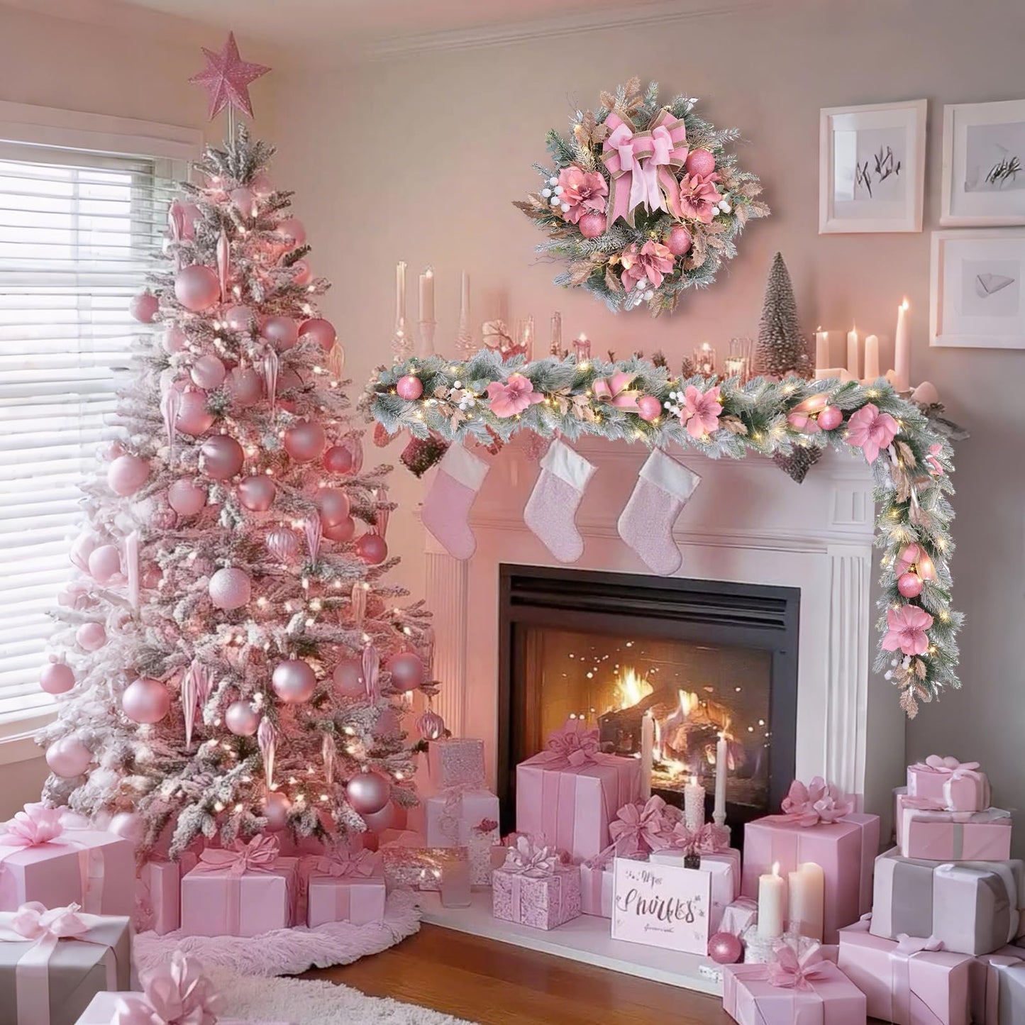22inch Christmas Pink Wreath for Front Door with 30 LED Lights,Elegant Magnolia Christmas Door Wreath,Festive Holiday Decor, Frosted Winter Pink Decorations for Wedding