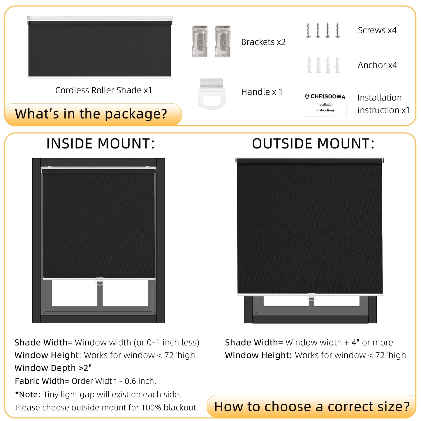 ChrisDowa Cordless Blackout Roller Shades for Windows, Thermal Insulated UV Protection Pull Down Shades, Total Blackout Window Blinds for Home, Office, Bedroom, Door (22" W x 72" H, Black)