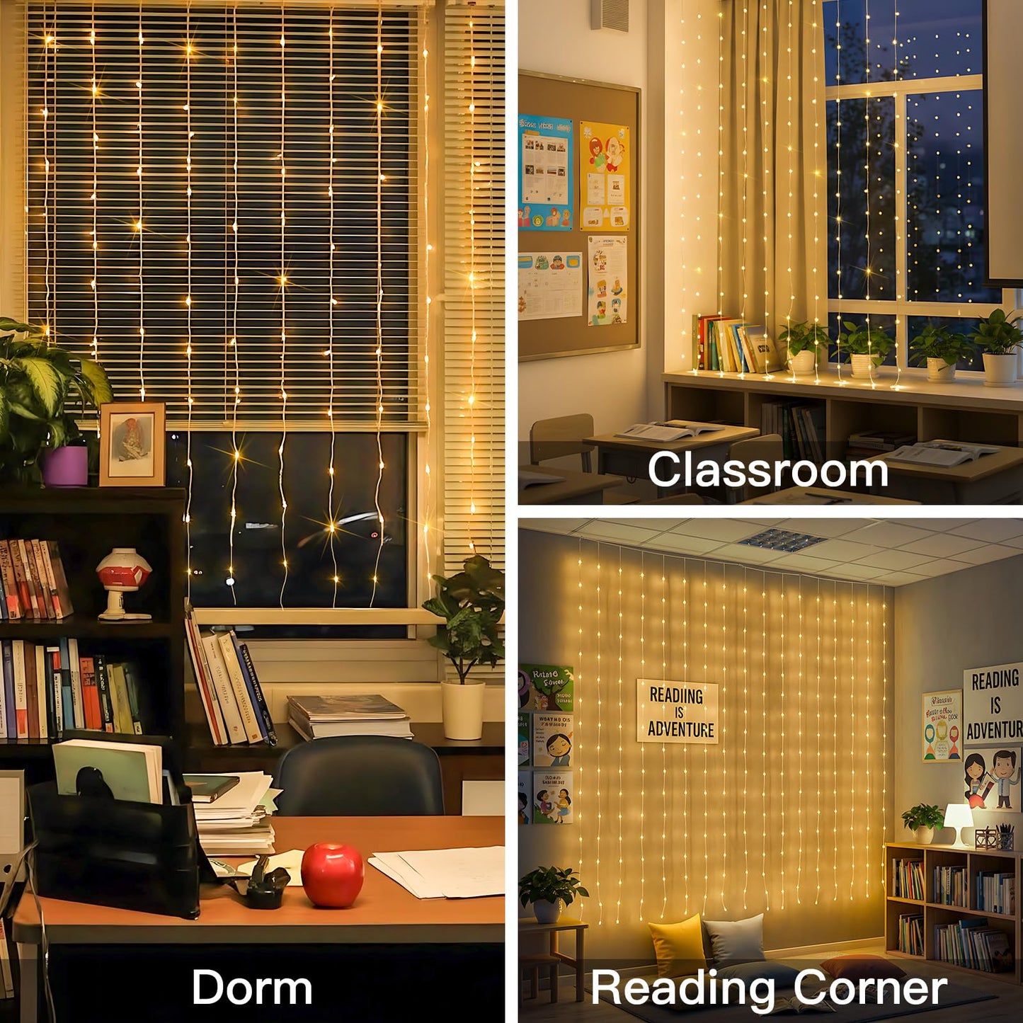 suddus Tangle-Free Curtain Lights,200 LED 6.5x6.5ft Hanging Lights with Hooks, Curtain Lights for Bedroom,Christmas, Dorm, Wall, Backdrop, Window, Wedding, Party, Birthday Decor, Warm White