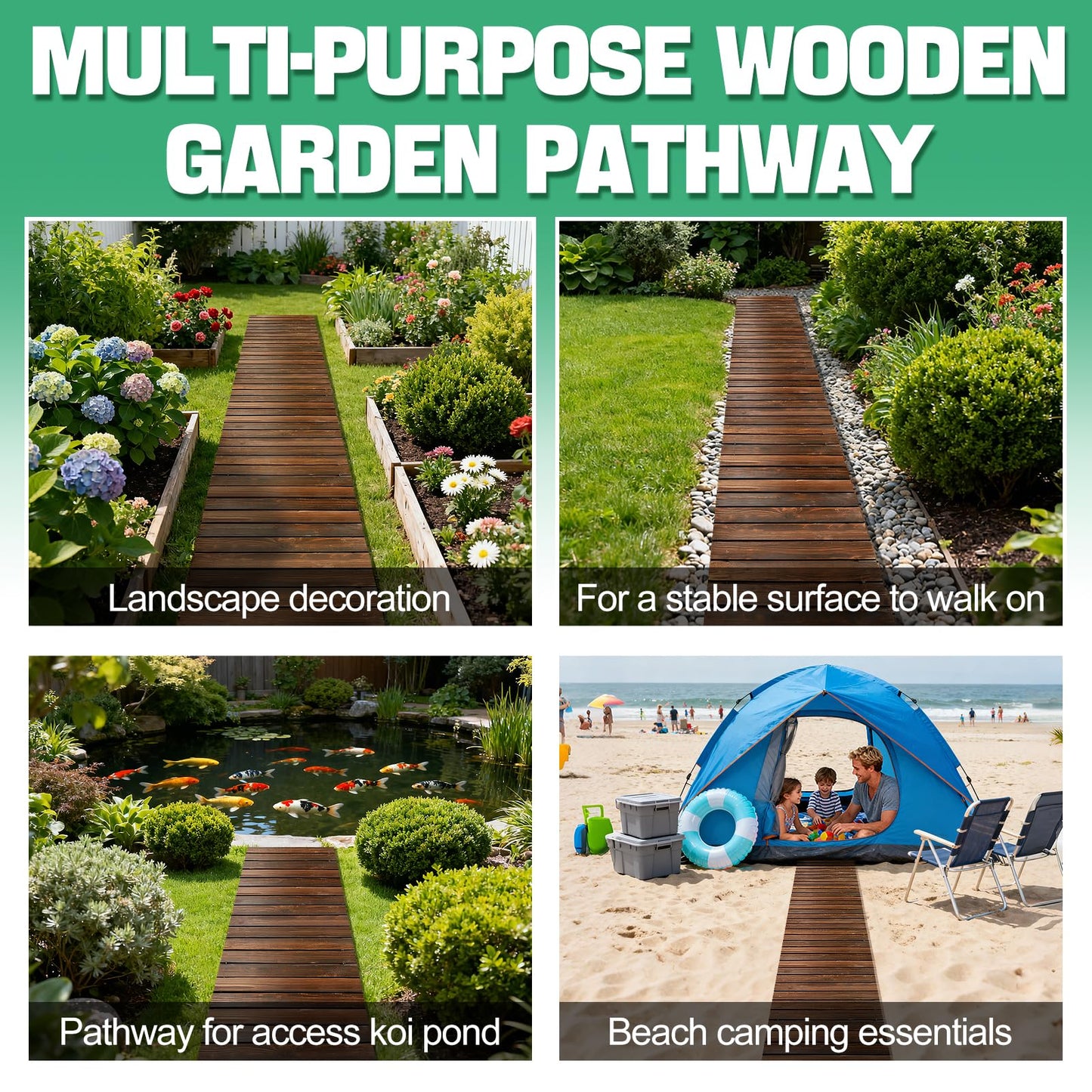 8.2ft Wooden Garden Pathway - Weather Resistant Carbonized Pine Roll Out Decorative Walkway, Boardwalk Pathway Pavers for Outside Stepping Stones Outdoor Flooring Patio Pool Backyard (Brown)