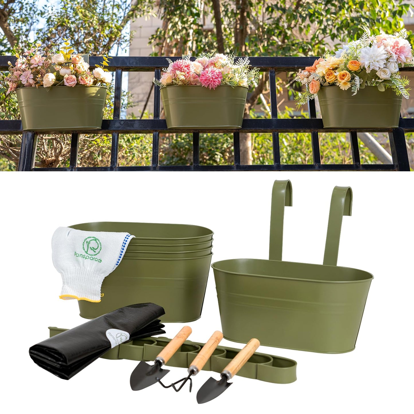 pansparade 5 Pack Metal Hanging Flower Pots for Railing Fence，Outdoor Balcony Rail Planter with Garden Tools Detachable Hooks Drainage Holes for Deck Garden Home Decor Green