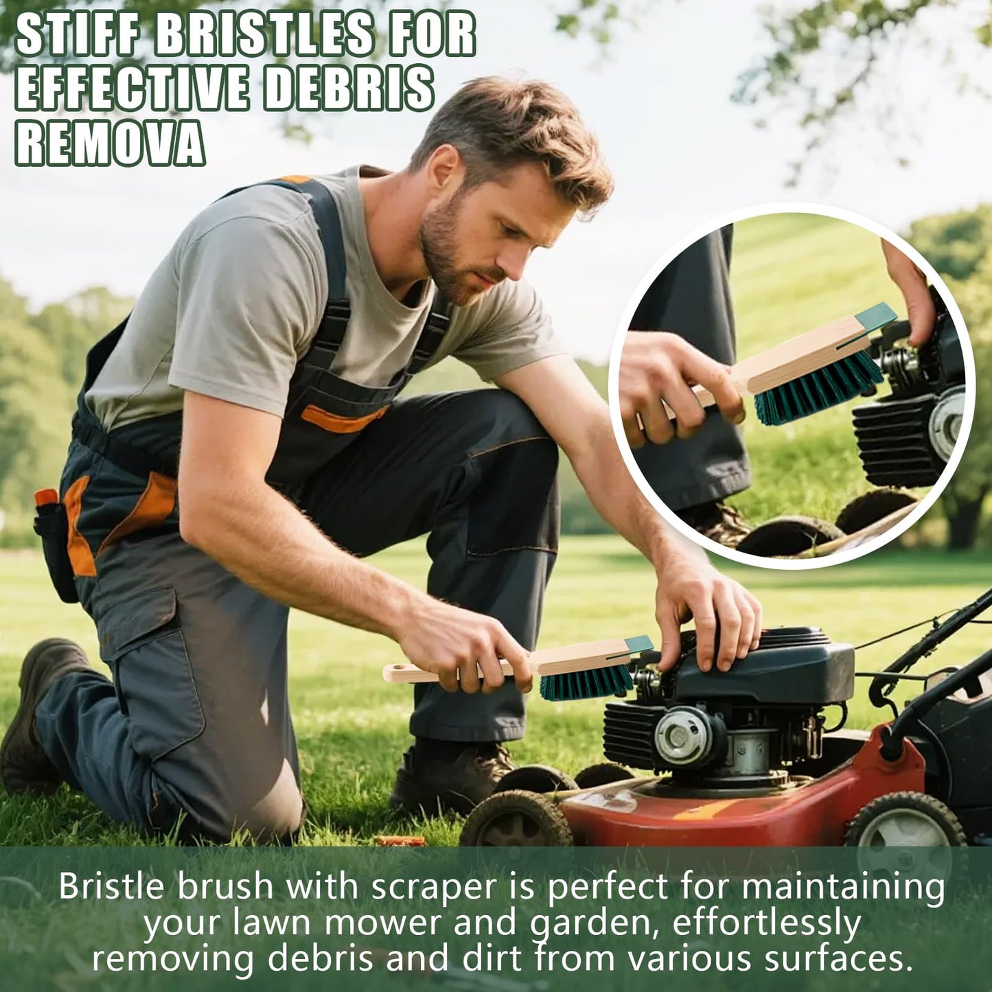 Opfiue 2PCS 12.3 Inch Lawn Mower Scrub Brush,Stiff Bristle Brush with Scraper, Scraper Brush for Outdoor Garden Mower Deck Cleaning(Green)