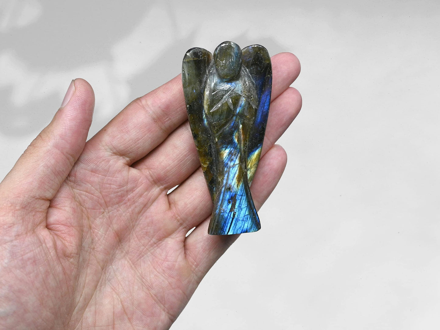 Amazing Gemstone Labradorite Crystal Guardian Angel Figurines Ornament for Healing Birthstone, Decoration Statue (Hand Carved Pocket Gemstone Angel) (3 inch)