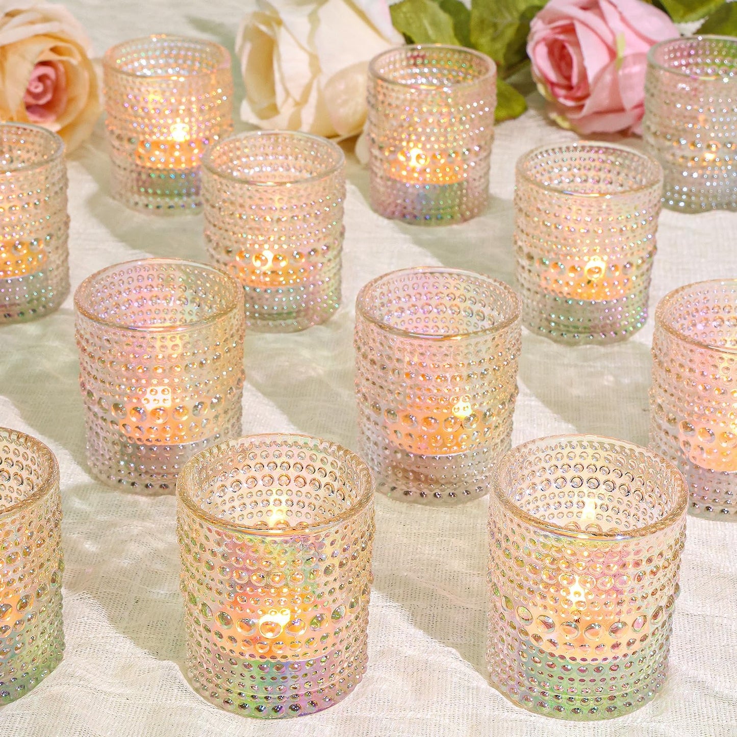 SUPMIND 24 Pcs Votive Candle Holders, Glass Holders Bulk for Table Centerpiece, Tea Lights Candle Holders for Wedding Shower, Party and Home Decor Iridescent
