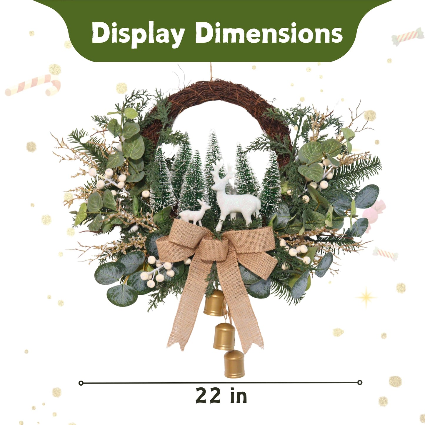 Lighted Christmas Wreath with LED Lights & White Deer, Bottle Brush Trees, Burlap Bow and Bells, Artificial Greenery Front Door Holiday Decoration with Timer