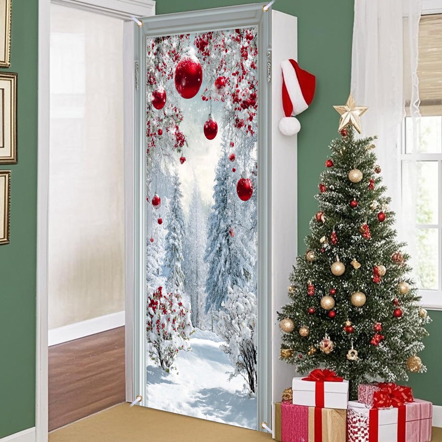 Nuxovilar Snow Scene Door Cover with Red Accents Background Winter Xmas Holiday Wonderland Decorations Party Supplies Hanging Banner for Home, Office, Indoor & Outdoor Use (35x71 Inches)
