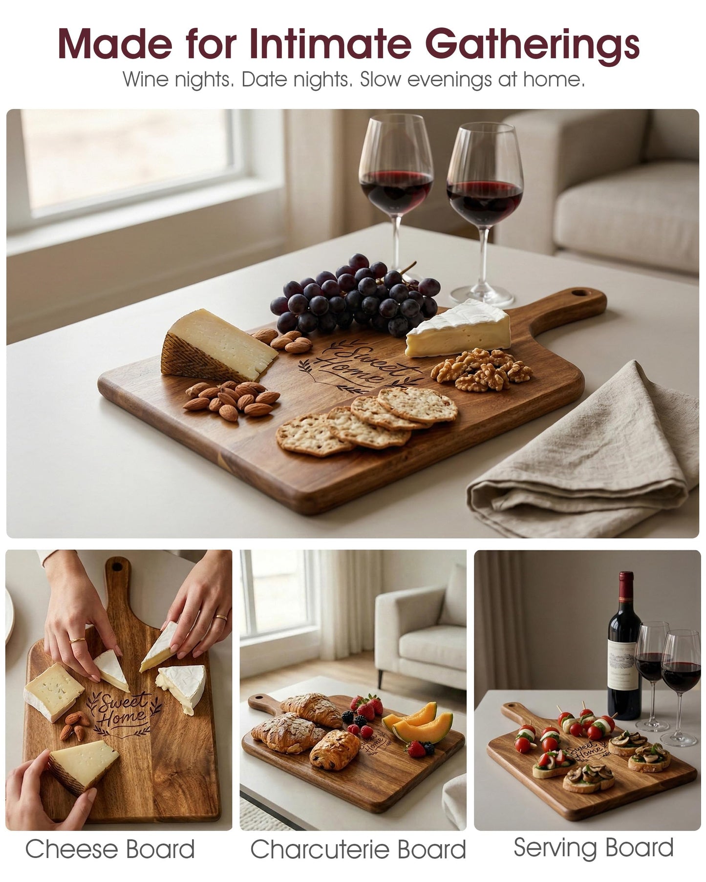 GleeNflux Charcuterie Board Set, Acacia Wood Cheese Board with 4 Cheese Knives, Engraved Serving Tray with Handle – Cutting Board for Kitchen & Entertaining, Housewarming Gift