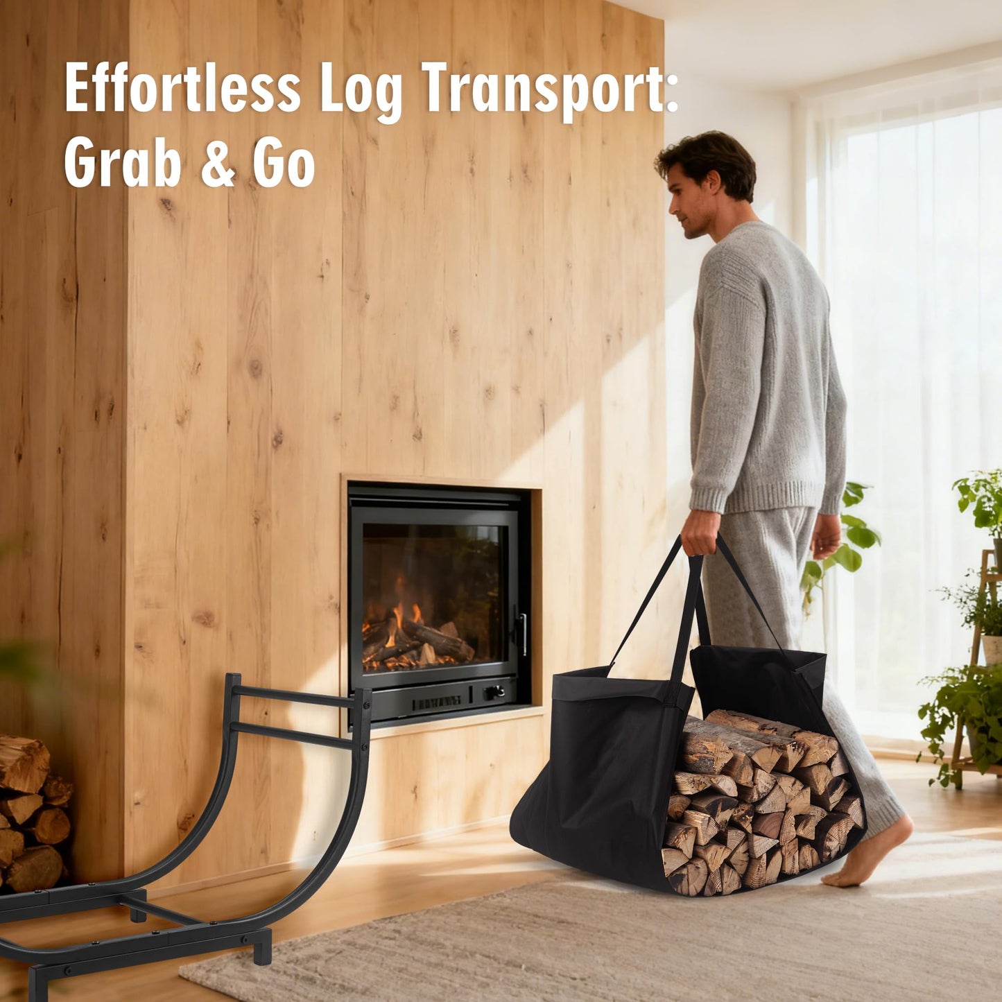 facka Curved Firewood Rack, Indoor Outdoor Log Firewood Holder, Metal Fireplace Wood Storage, Waterproof & Rustproof(Curved 30Inch Rack with Bag)
