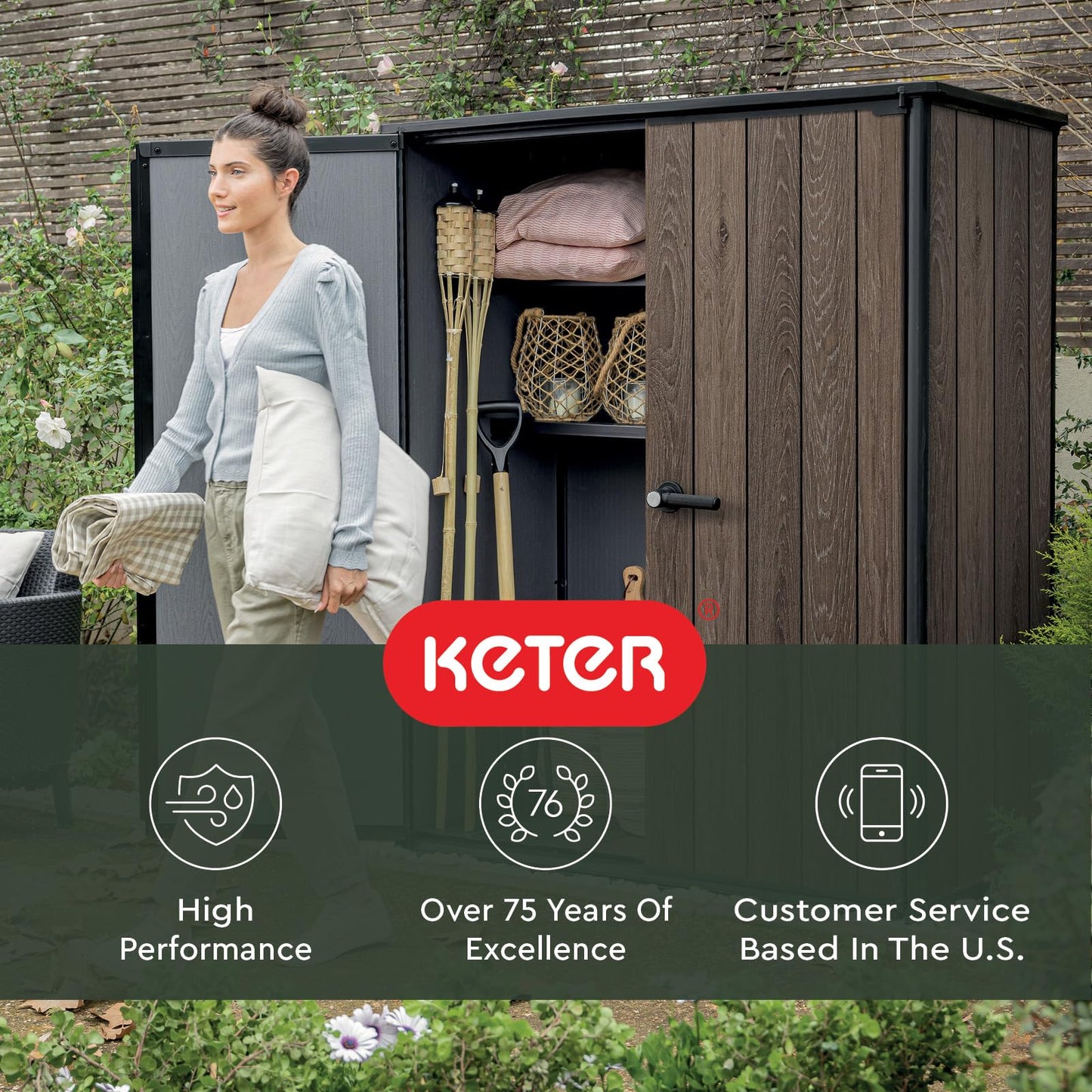 Signature Collection Vertical Outdoor Storage Shed, Weather-Resistant Resin Storage Cabinet with Double Doors & Heavy-Duty Floor, Walnut