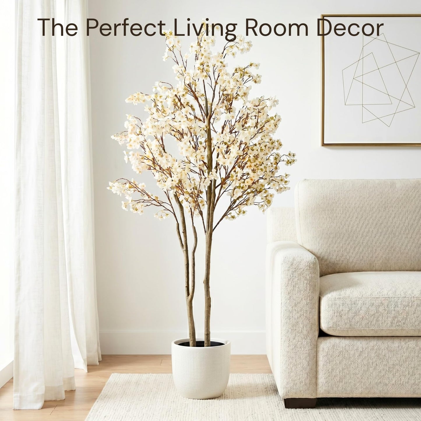 Artificial Cherry Blossom Tree with Lights 6ft Tall, White Faux Cherry Blossom Tree Indoor with LED String Lights, Japanese Sakura Tree for Living Room Office Home Decor