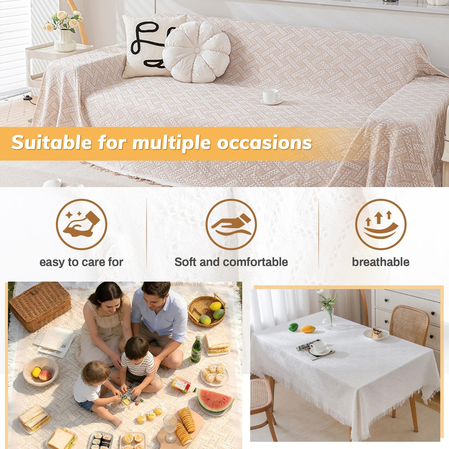 Outdoor Picnic Blanket Sandproof - Portable Lightweight T-Grid Picnic Mat for Beach, Camping, Park, Lawn, Concert & Wedding Photoshoot Indoor Bohemian Decor Machine Washable 70.9 x 102 Inches
