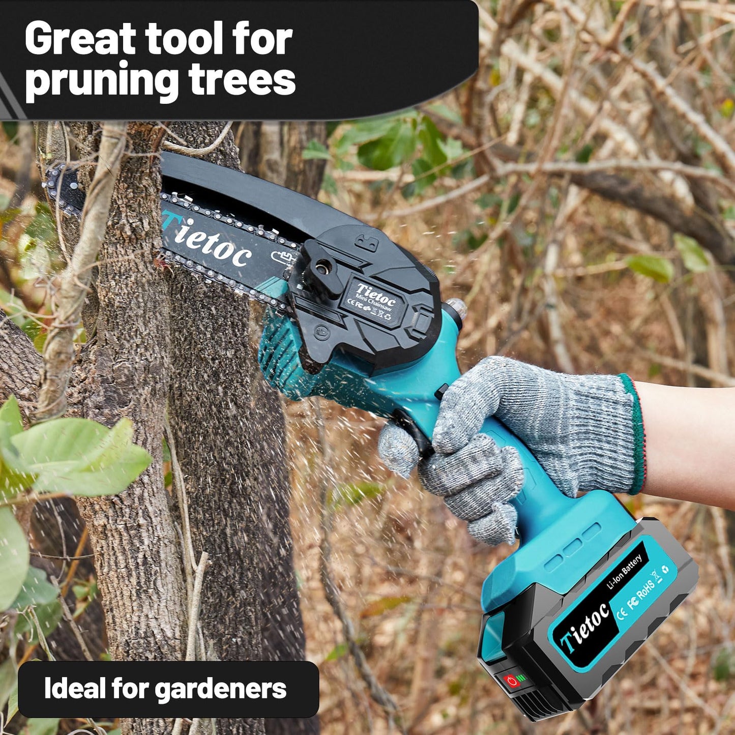Tietoc Mini Chainsaw 8 inch Cordless with 2x 4000mAh Batteries, Battery Powerd Chain saw with Oiler, Lightweight Handheld Saw for Household & Garden, Gifts for Men, Dad, Husband, Gardener and DIYer