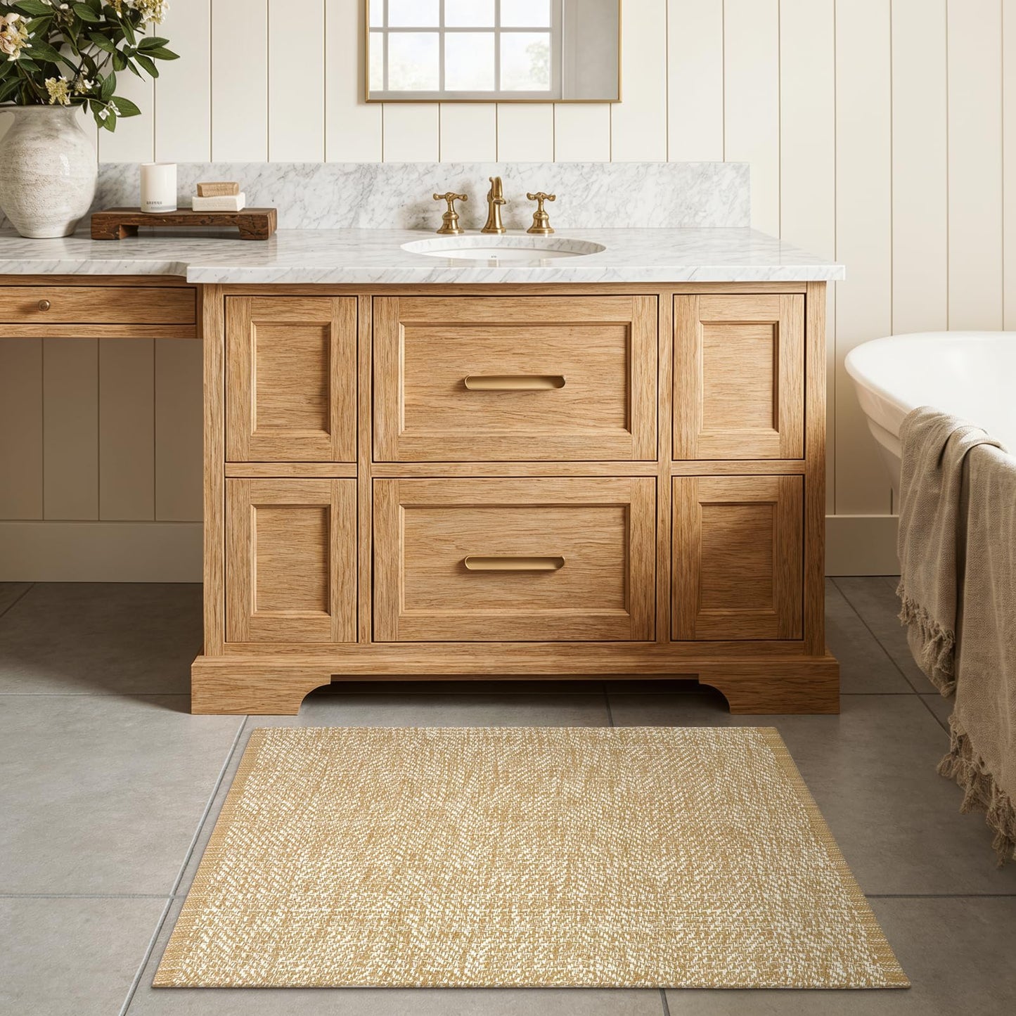 LEEVAN Washable Bathroom Rug, 2'x3' Low Profile Entryway Rugs Tan Front Door Mat Cotton Reversible Kitchen Mat Boho Bedroom Rug Farmhouse Carpet for Foyer Front Porch Decor