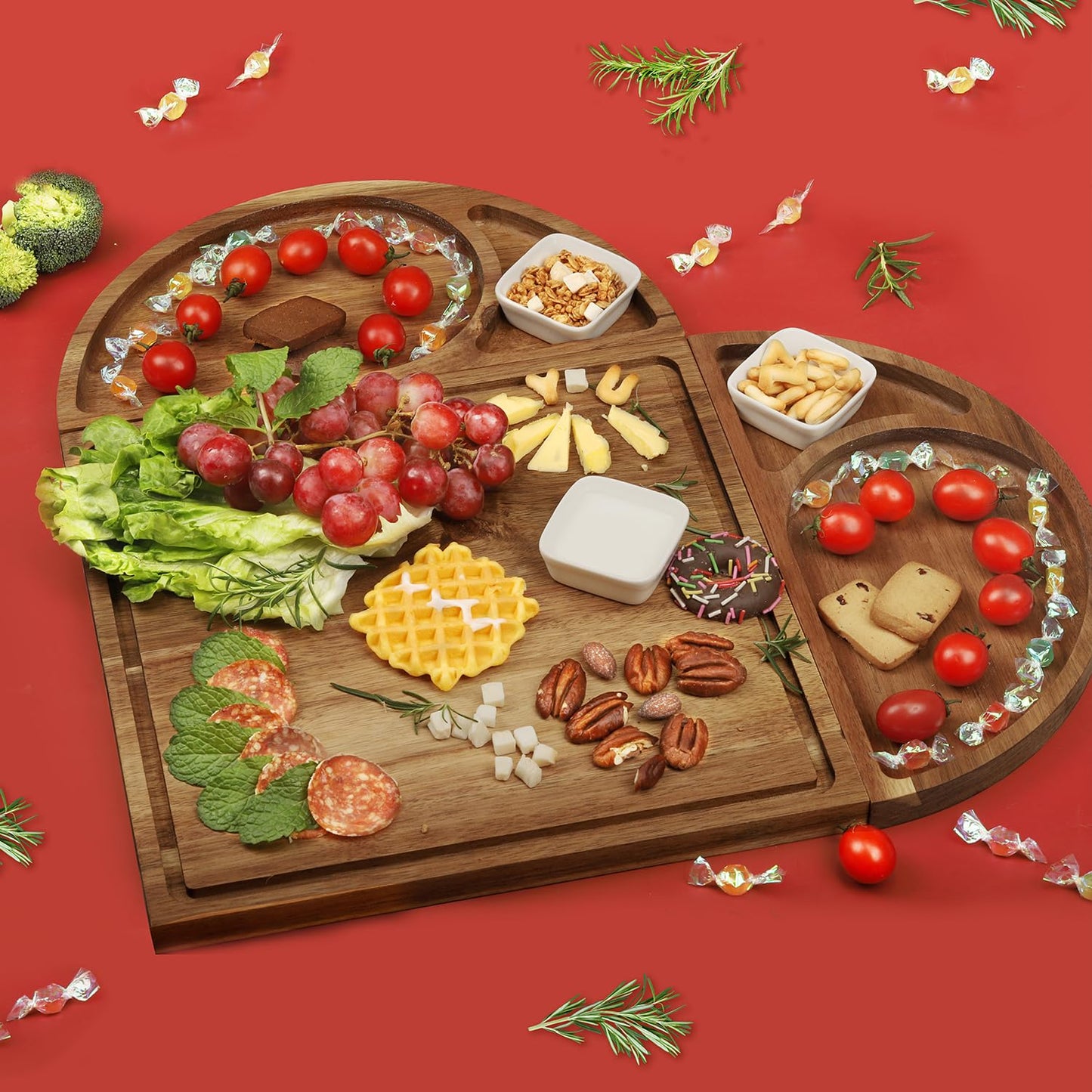 Extra Large Magnetic Charcuterie Board Cheese Board Gift Set 3 Part Square & Round & Heart Shaped Acacia Wood Charcuterie Cheese Boards Wooden Tray Serving Board Platter for Valentine