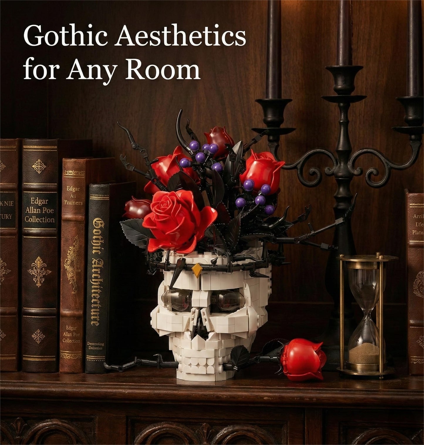 Gothic Skull Rose Building Set for Adults, Skull Home Decor for Table Shelf Centerpiece, Compatible with Lego Skull Flowers Horror Set, Halloween & Valentine's Day Gift for Teens Adult