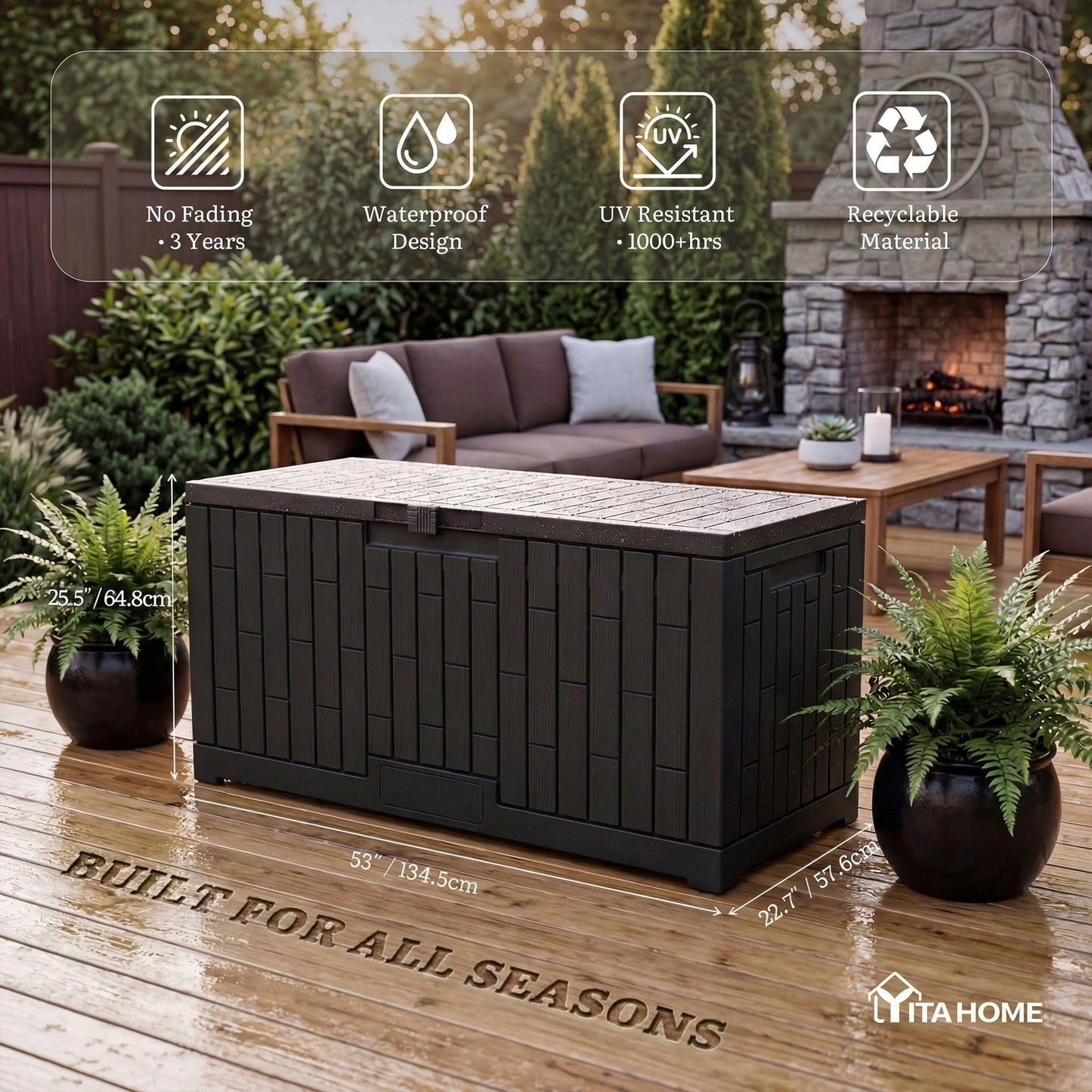 YITAHOME Large Outdoor Storage Box, 120 Gallon Waterproof Resin Deck Box with Slide-Locking Lid, Patio Storage Bin and Bench Seat for Garden Tools, Cushions & Pool Supplies, Easy Assembly, Black