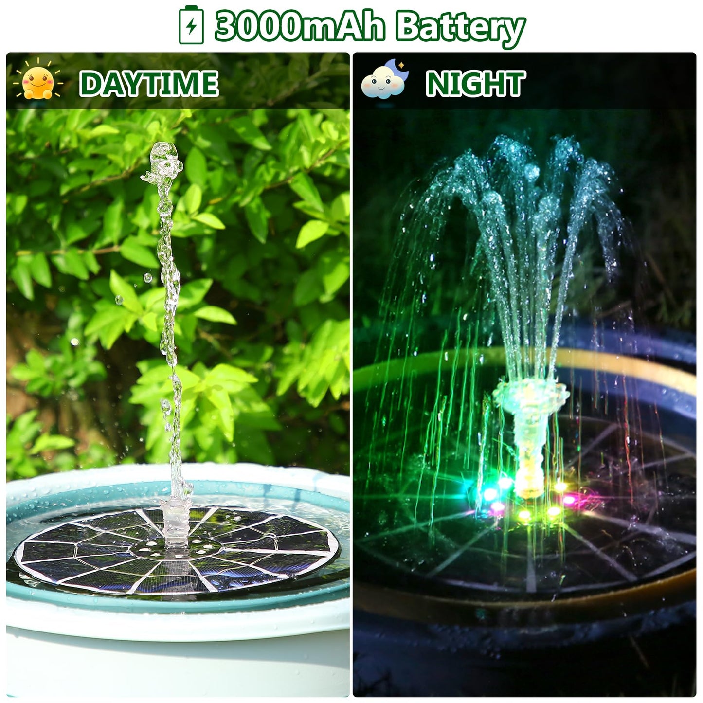 AISITIN 5.5W Solar Fountain Bird Bath with LED Colorful Lights & 3000mAh Battery, Remote Control Solar Pump for Fountain with 8 Nozzles, Solar Water Pump for Garden, Pond and Outdoor